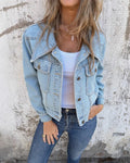 Light Wash Cropped Denim Trucker Jacket - Blue