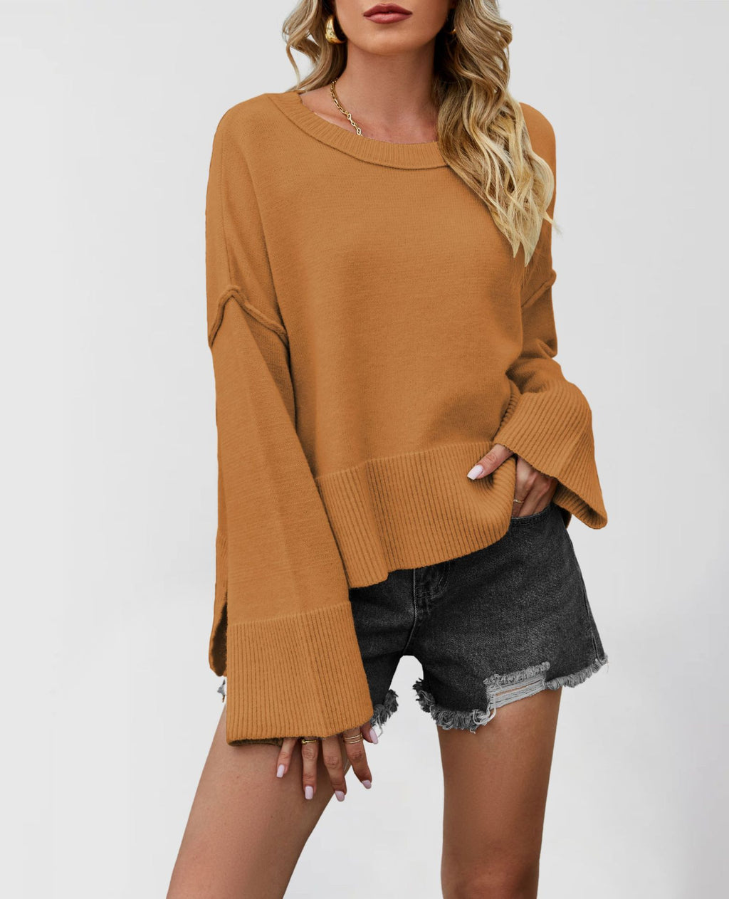 Wide Flare Sleeve Boat Neck Knit Top - Brown