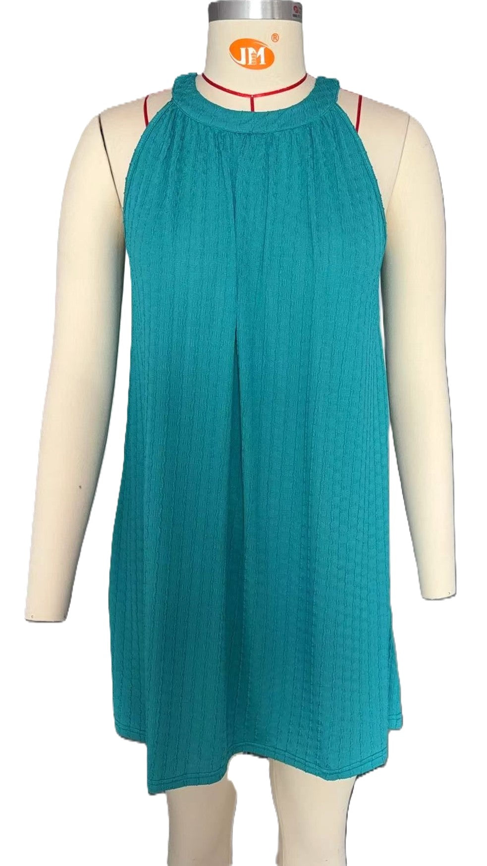 Textured Halter Neck Swing Mini Dress - Turquoise - 3