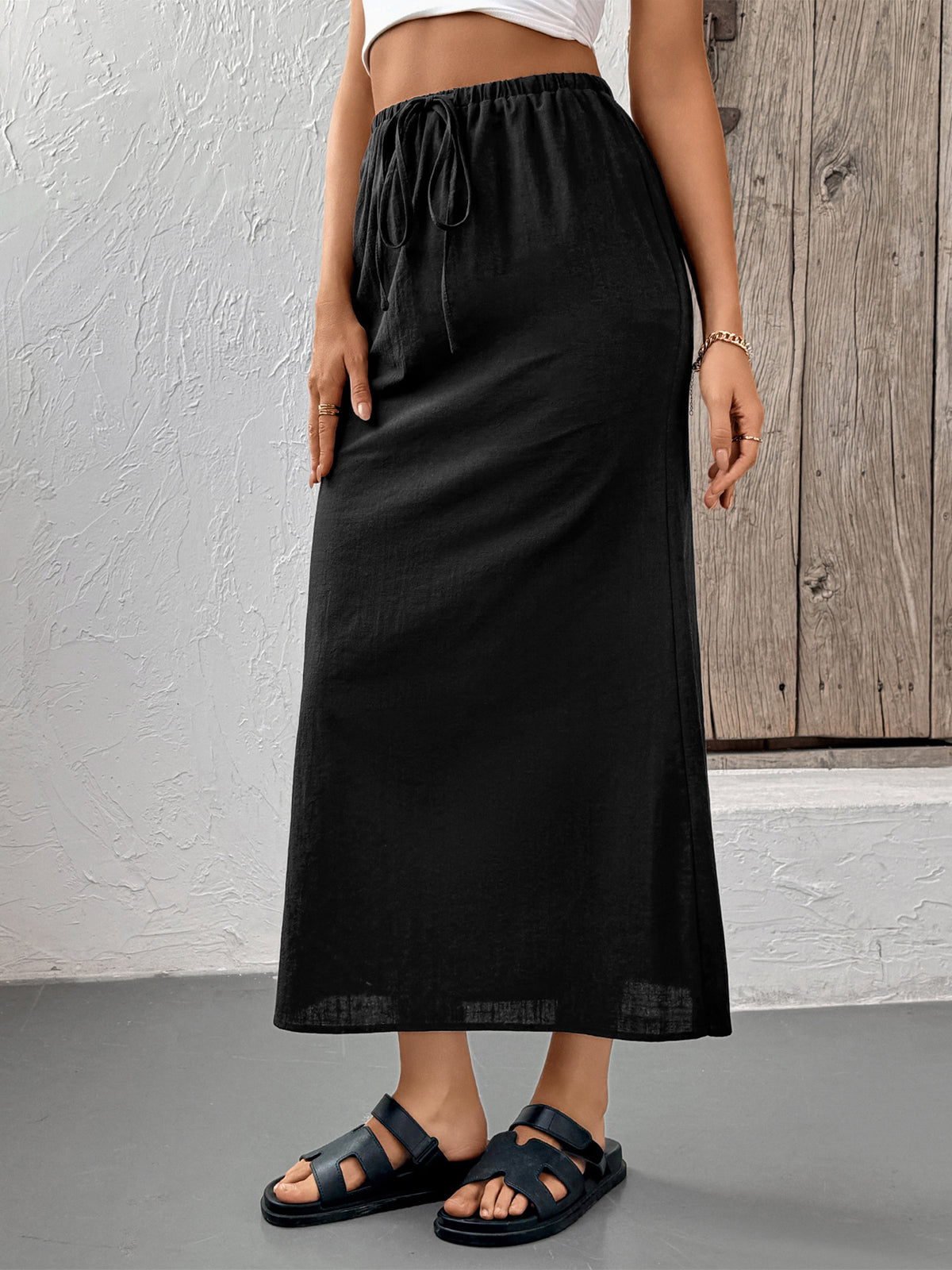 Drawstring Waist Slit Midi Skirt - Black