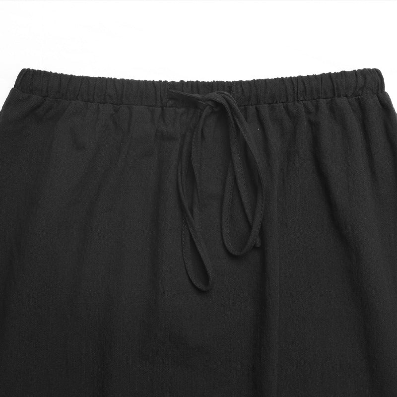 Drawstring Waist Slit Midi Skirt - Black - 4