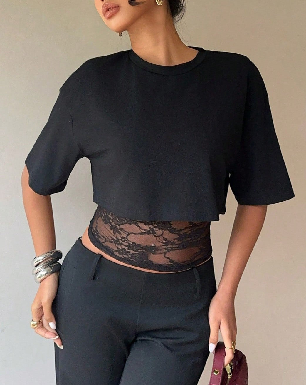 Sheer Lace Panel Cropped Boxy Tee - Black