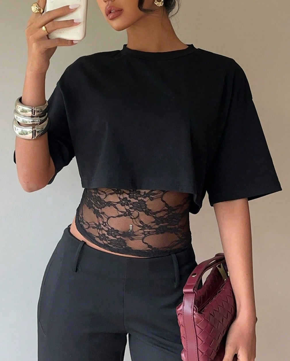 Sheer Lace Panel Cropped Boxy Tee - Black - 1