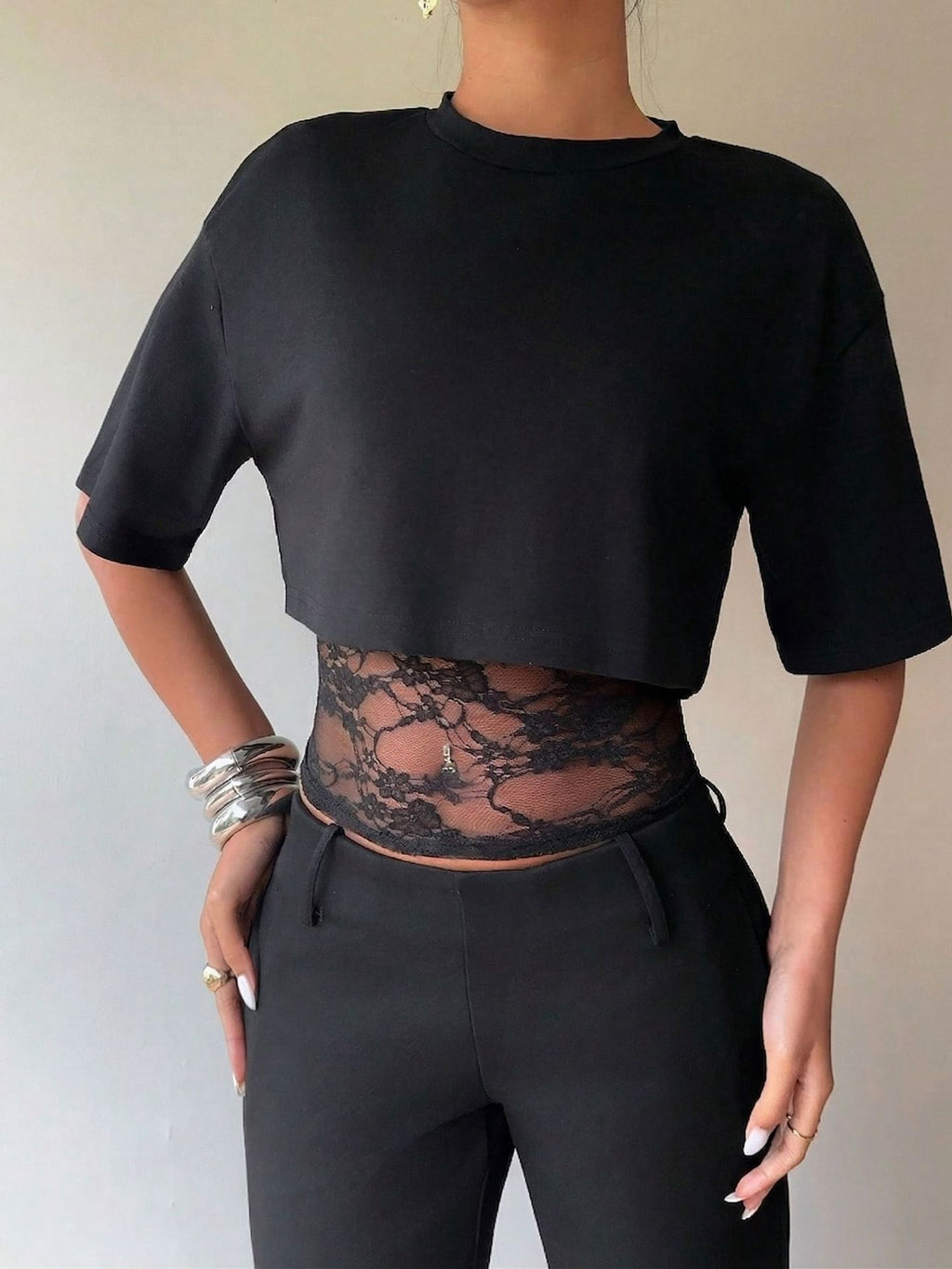 Sheer Lace Panel Cropped Boxy Tee - Black - 2
