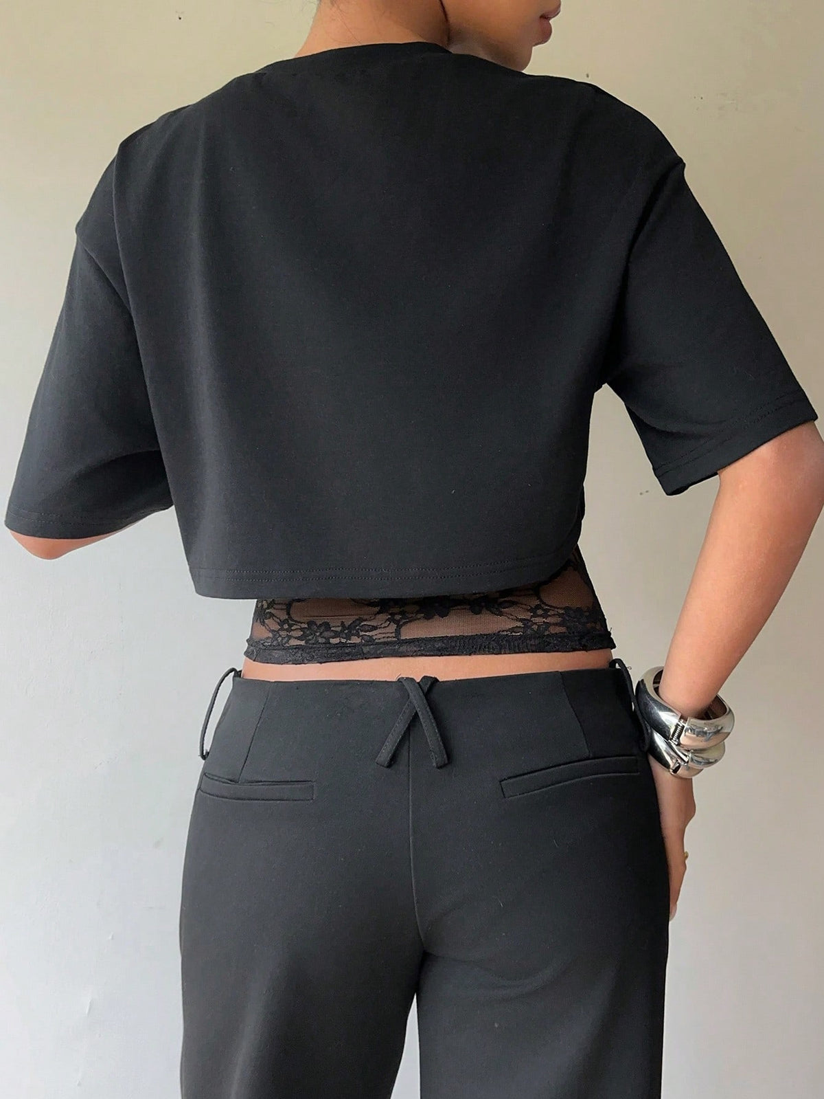 Sheer Lace Panel Cropped Boxy Tee - Black - 3