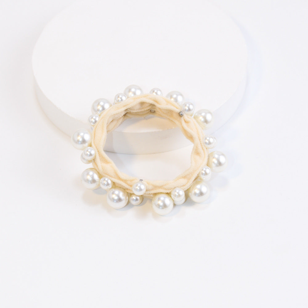 Ruched Elastic Hair Tie With Pearl Beads - Beige