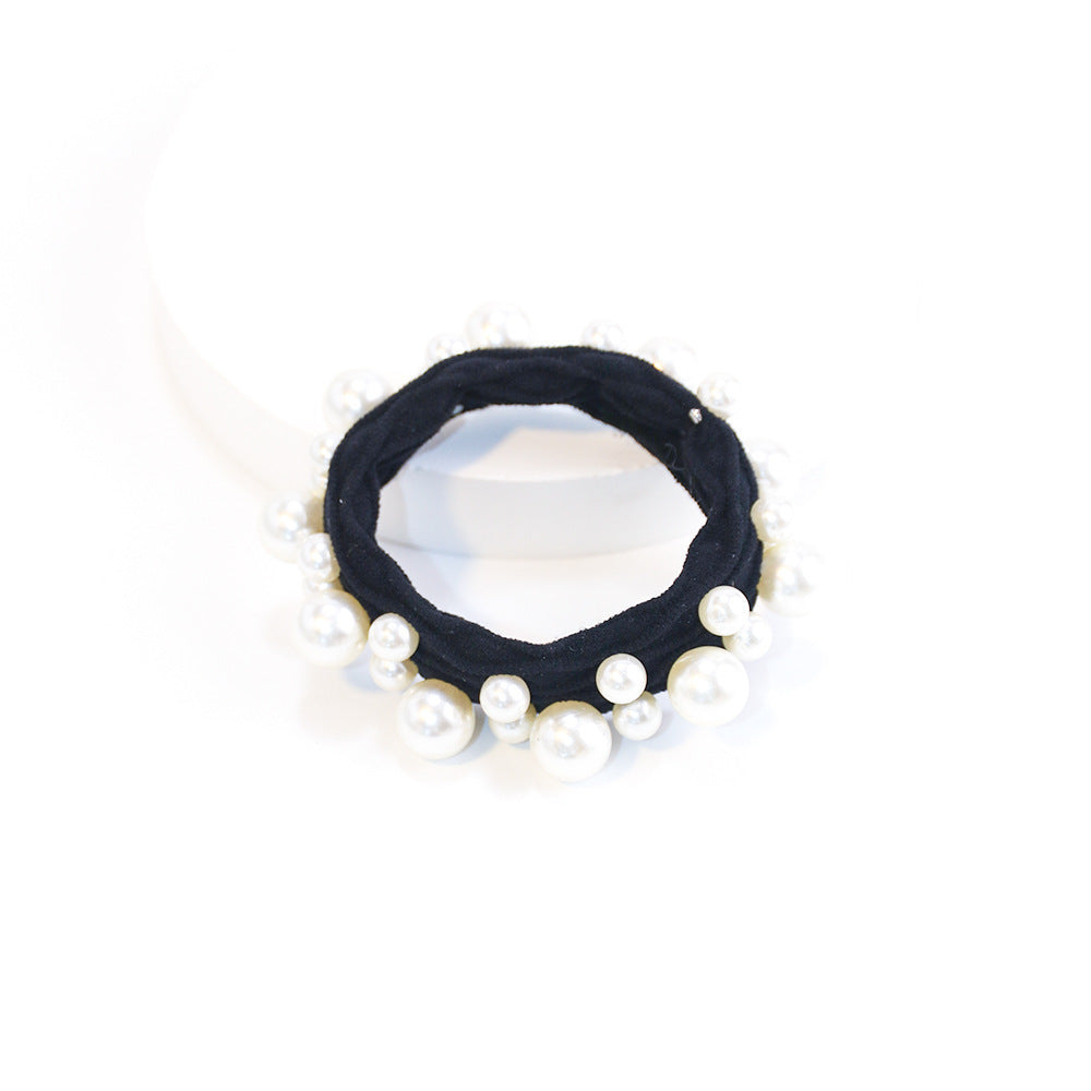 Ruched Elastic Hair Tie With Pearl Beads - Black