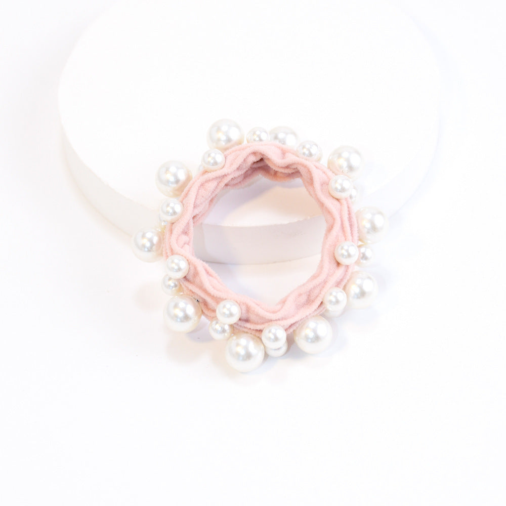 Ruched Elastic Hair Tie With Pearl Beads - Pink