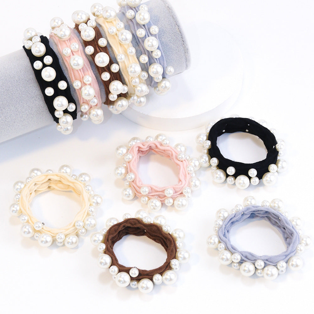 Ruched Elastic Hair Tie With Pearl Beads