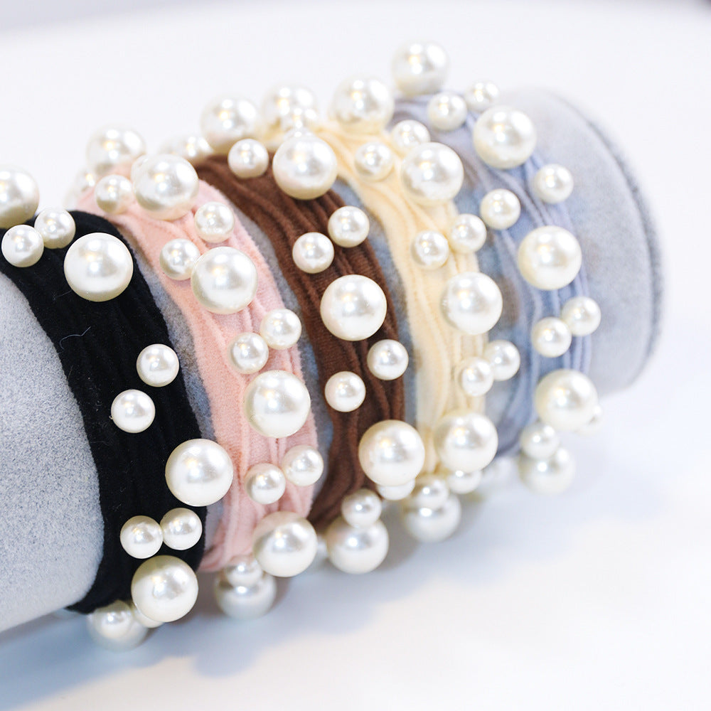 Ruched Elastic Hair Tie With Pearl Beads - view 1