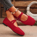 Square Toe Double Buckle Mary Jane Flats - Red