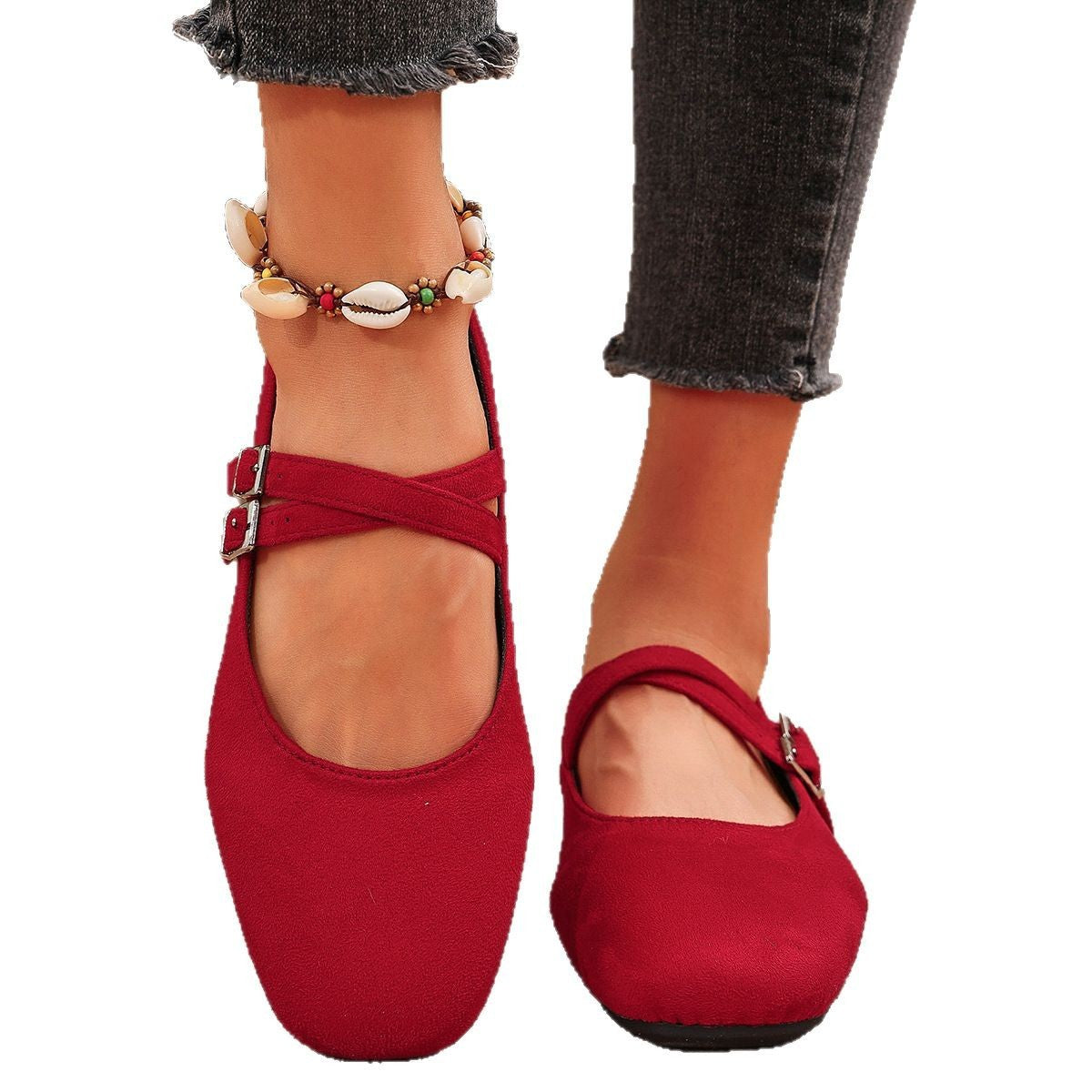 Square Toe Double Buckle Mary Jane Flats