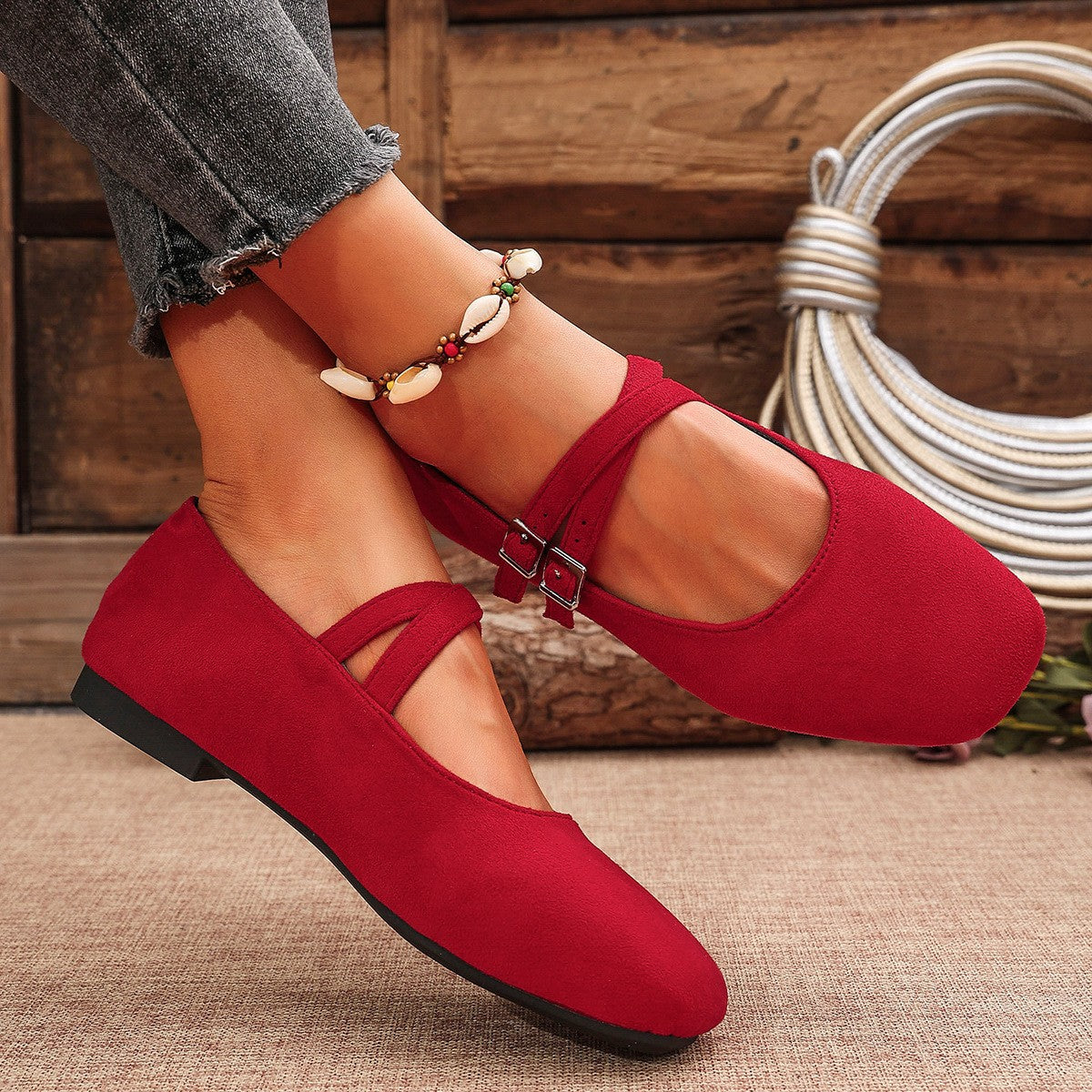 Square Toe Double Buckle Mary Jane Flats
