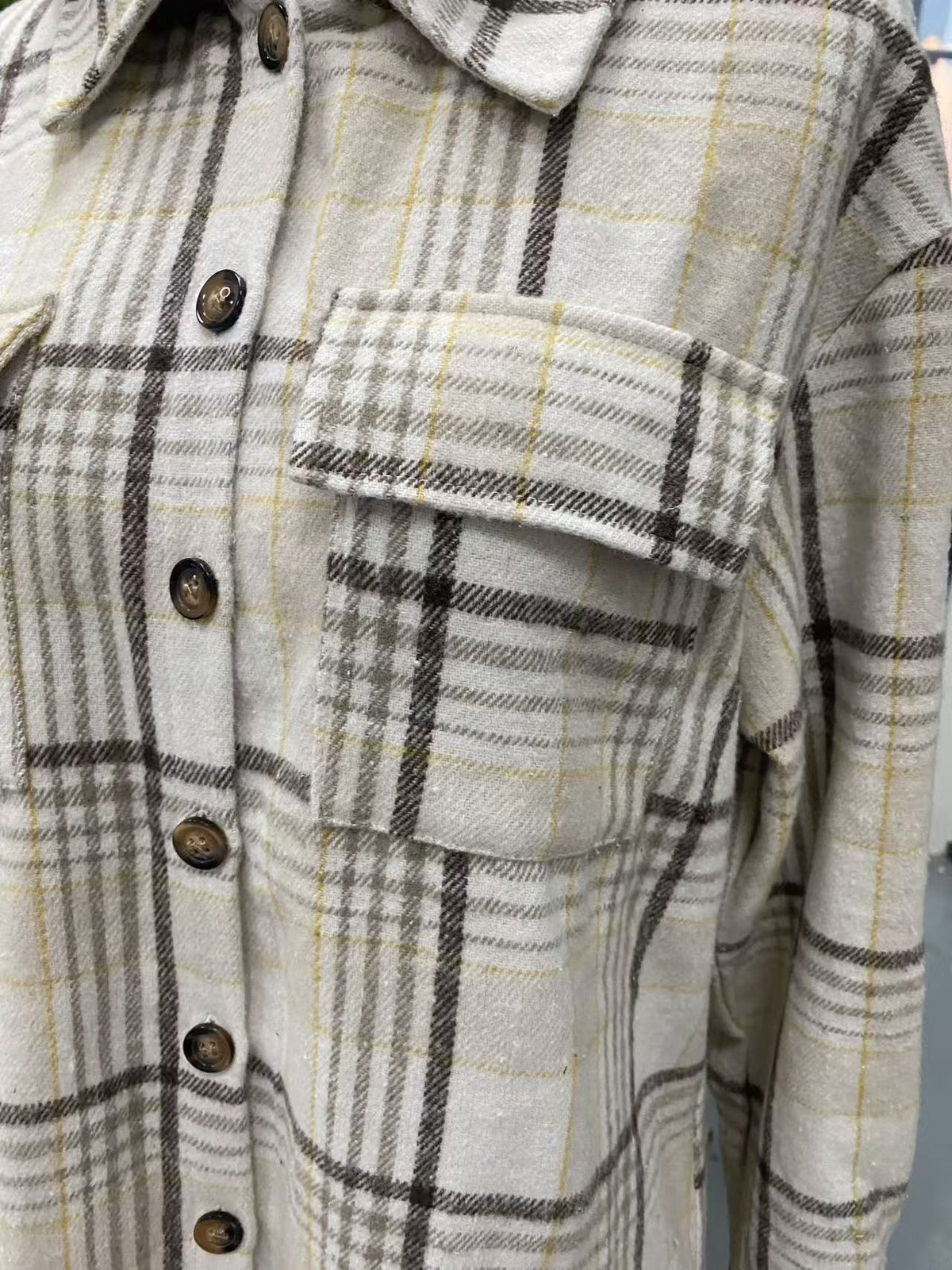 Plaid Hooded Button Front Shacket Jacket - Apricot - 1