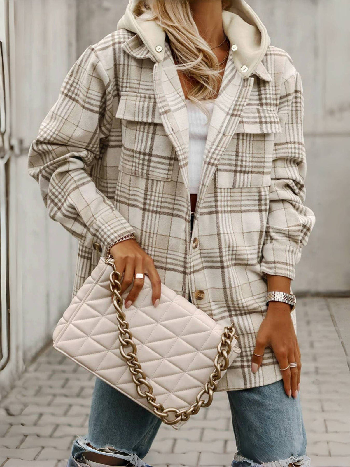 Plaid Hooded Button Front Shacket Jacket