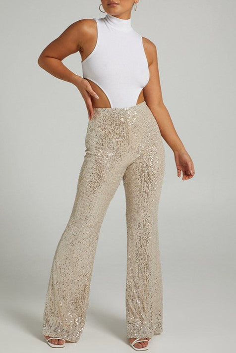 High Waist Sequin Flare Party Pants - Gold - 2