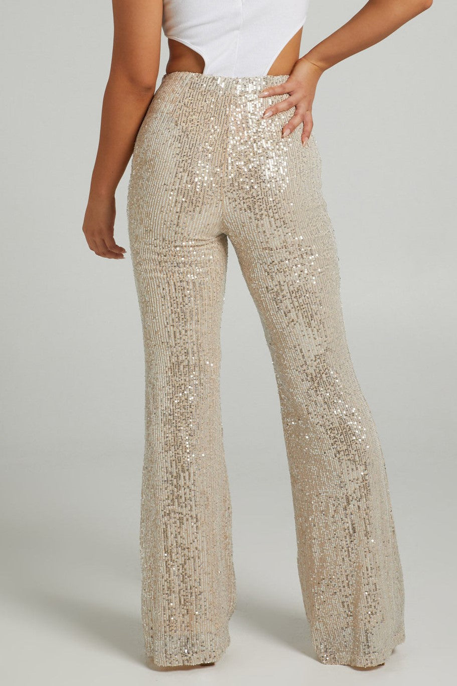 High Waist Sequin Flare Party Pants - Gold - 4