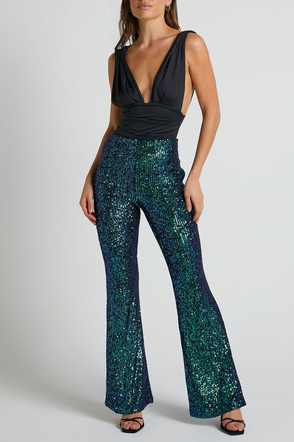 High Waist Sequin Flare Party Pants - Green - 1