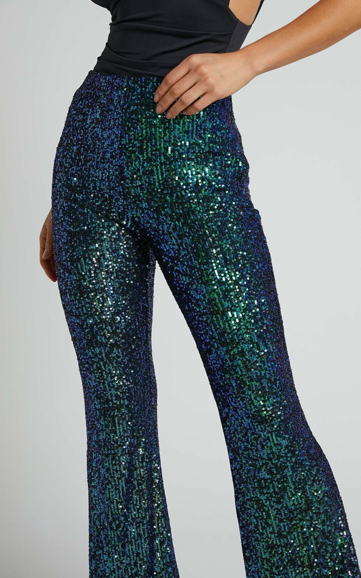 High Waist Sequin Flare Party Pants - Green - 4