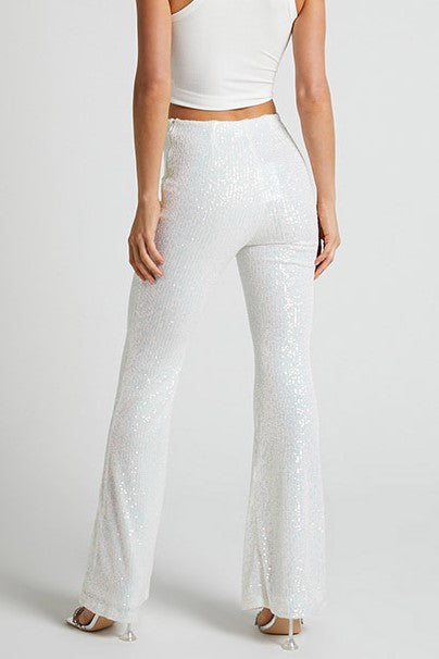 High Waist Sequin Flare Party Pants - White - 1