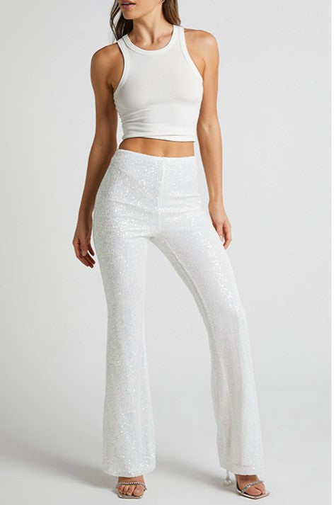 High Waist Sequin Flare Party Pants - White - 2