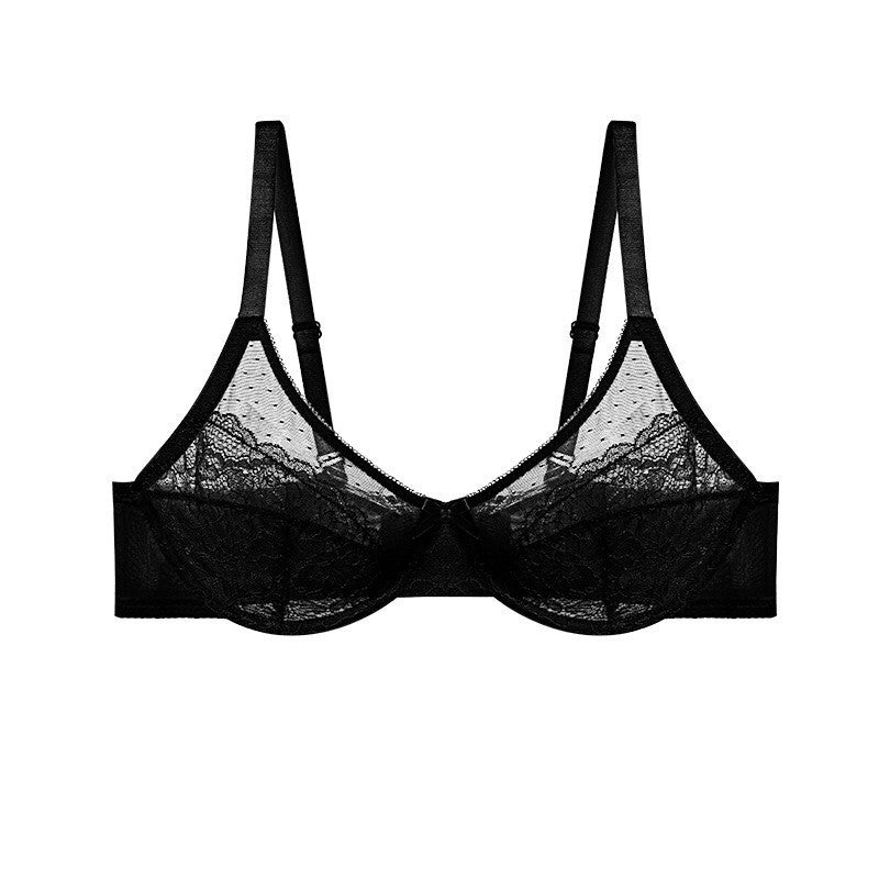 Sheer Dot Mesh Floral Lace Underwire Bra - Black