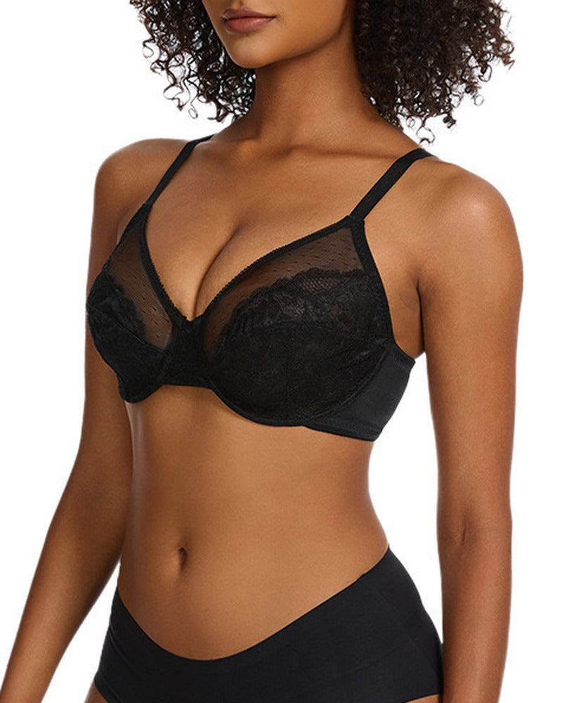 Sheer Dot Mesh Floral Lace Underwire Bra