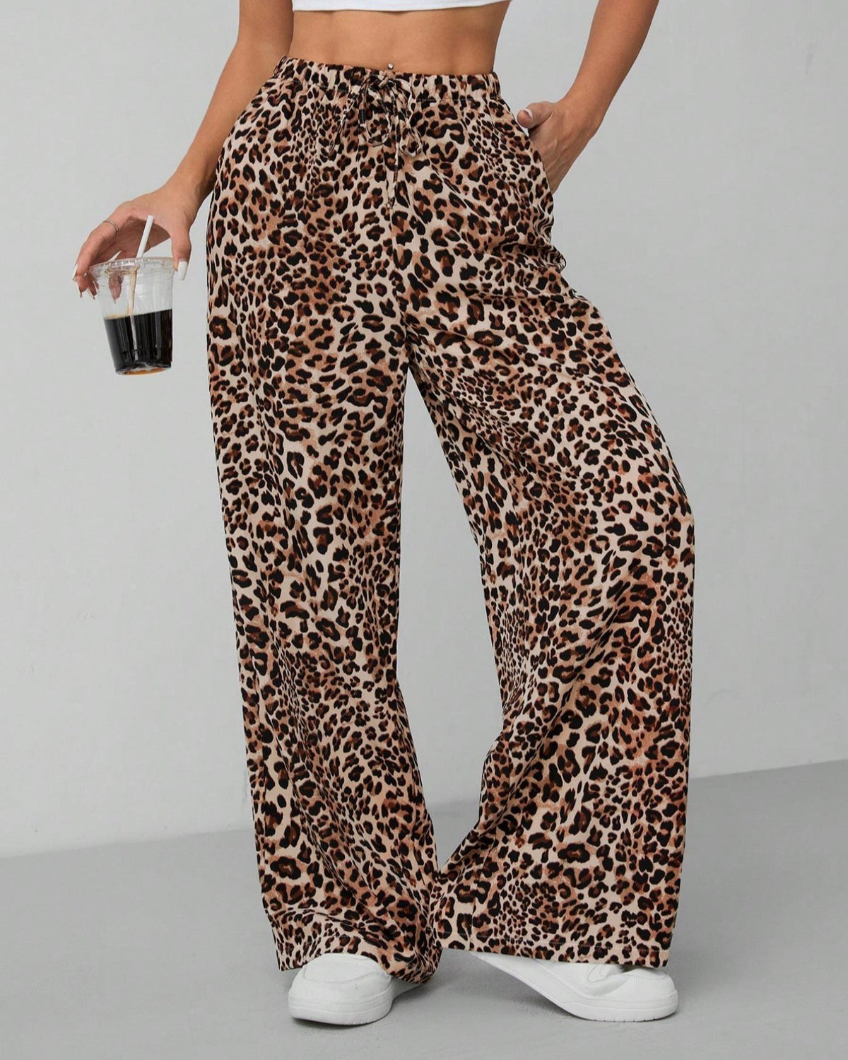 Leopard Spot High Waist Palazzo Pants - Coffee