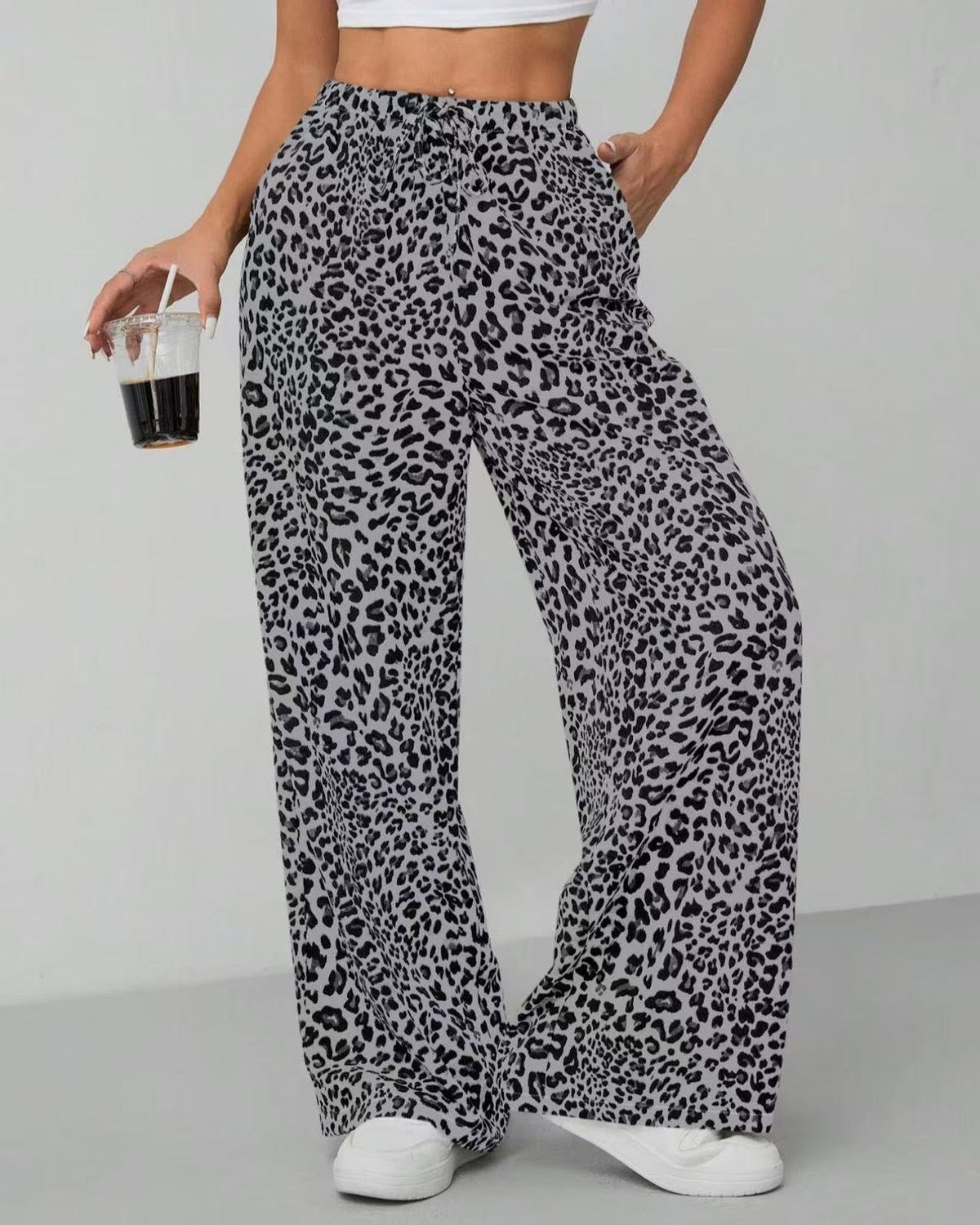 Leopard Spot High Waist Palazzo Pants - Grey