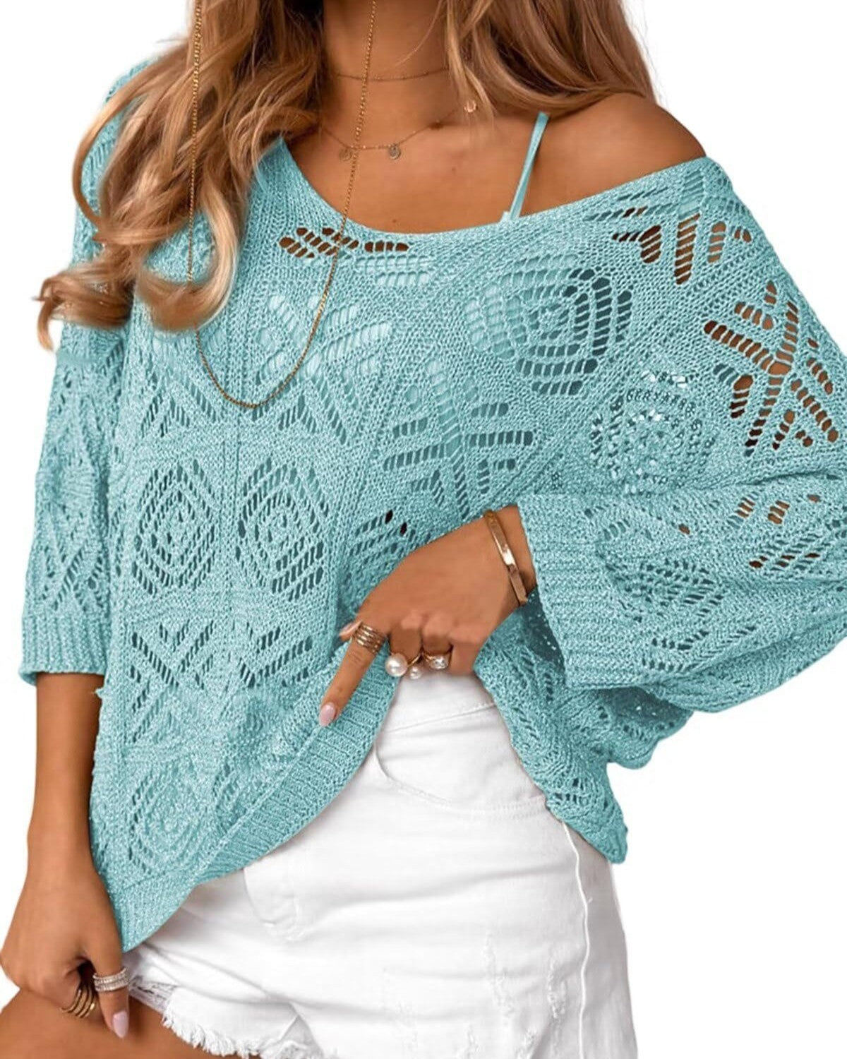 Slouchy Pointelle Knit Blouse With Batwing Sleeves - C1