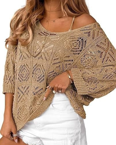 Slouchy Pointelle Knit Blouse With Batwing Sleeves - C10
