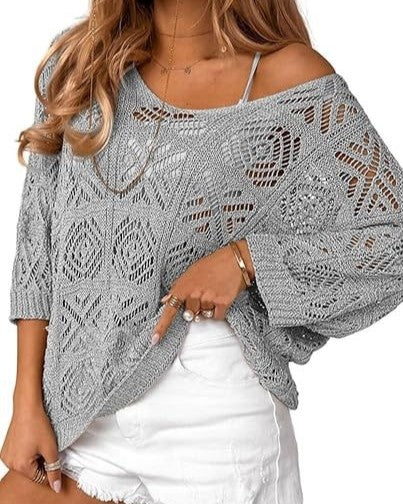 Slouchy Pointelle Knit Blouse With Batwing Sleeves - C11