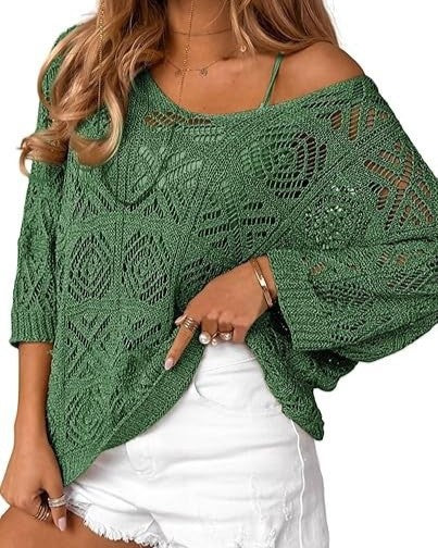 Slouchy Pointelle Knit Blouse With Batwing Sleeves - C12