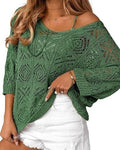 Slouchy Pointelle Knit Blouse With Batwing Sleeves - C12