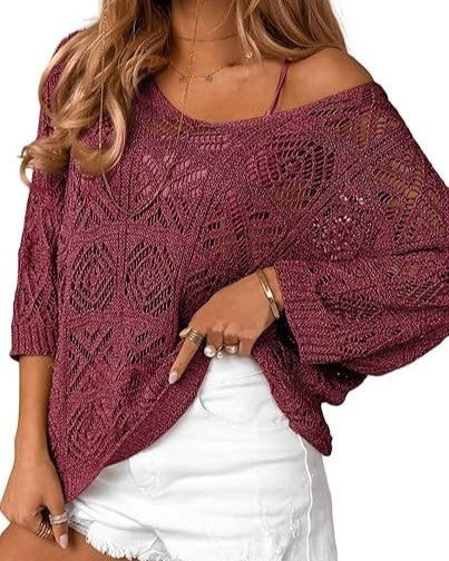 Slouchy Pointelle Knit Blouse With Batwing Sleeves - C13