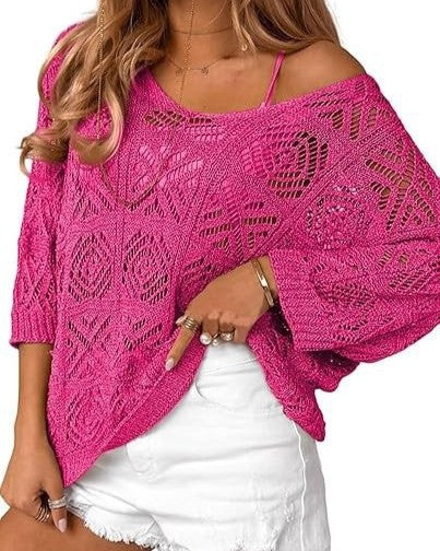Slouchy Pointelle Knit Blouse With Batwing Sleeves - C14