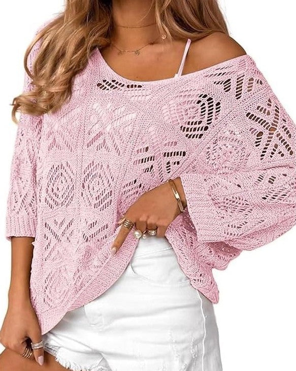 Slouchy Pointelle Knit Blouse With Batwing Sleeves - C15