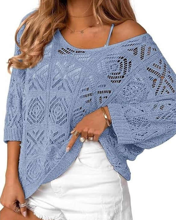 Slouchy Pointelle Knit Blouse With Batwing Sleeves - C16