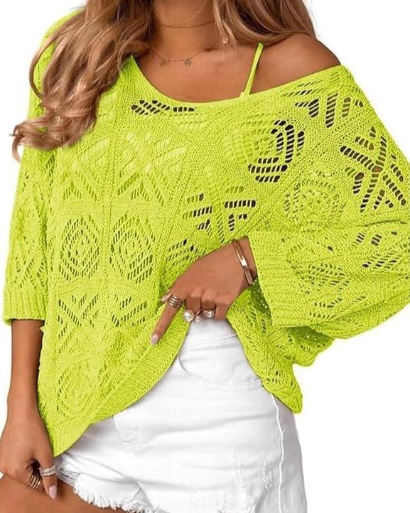 Slouchy Pointelle Knit Blouse With Batwing Sleeves - C17