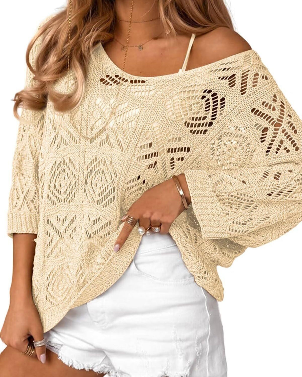 Slouchy Pointelle Knit Blouse With Batwing Sleeves - C2