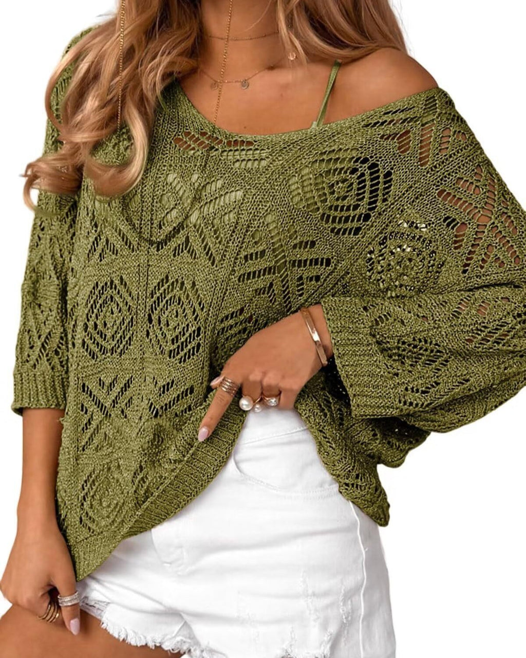 Slouchy Pointelle Knit Blouse With Batwing Sleeves - C3