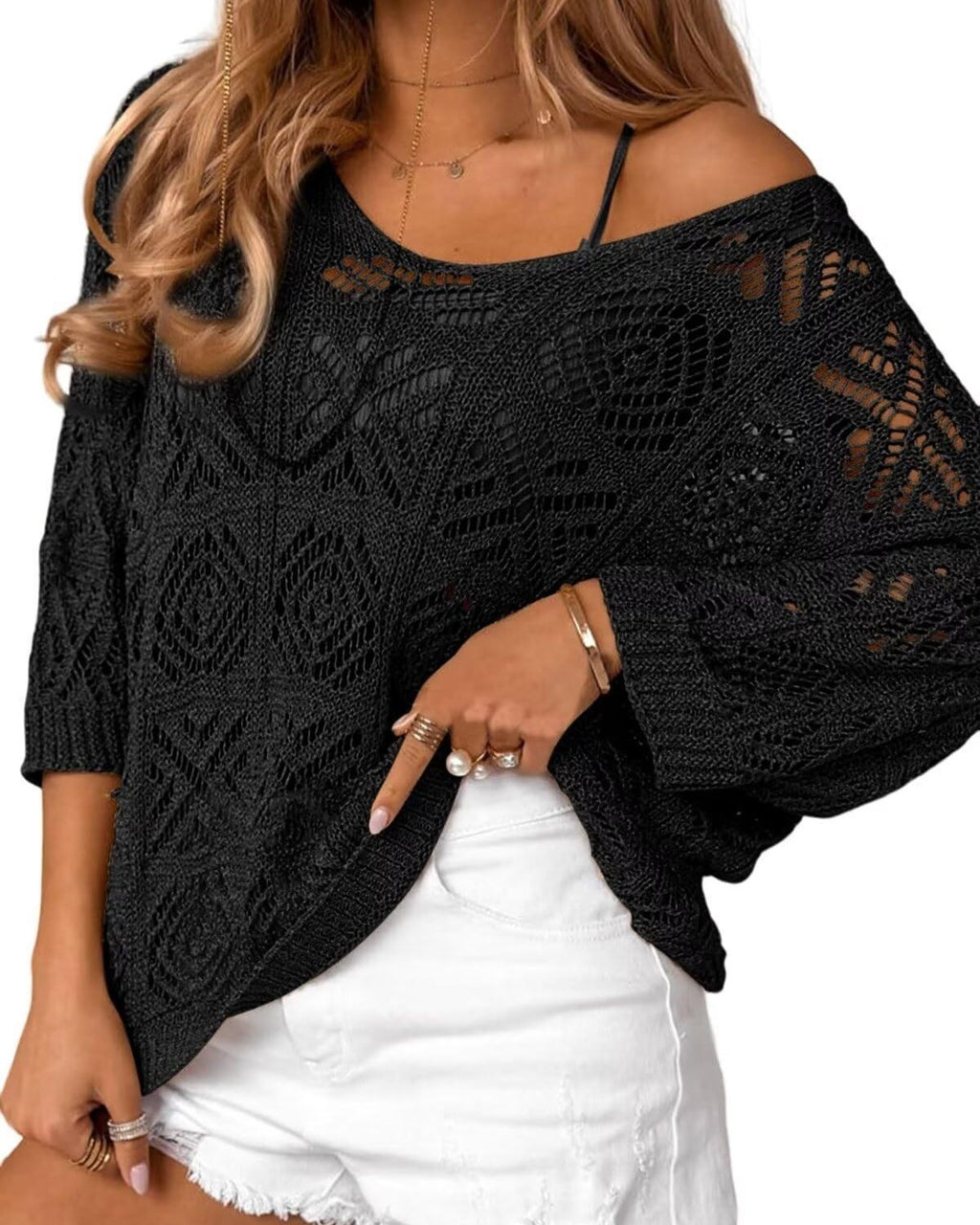 Slouchy Pointelle Knit Blouse With Batwing Sleeves - C4