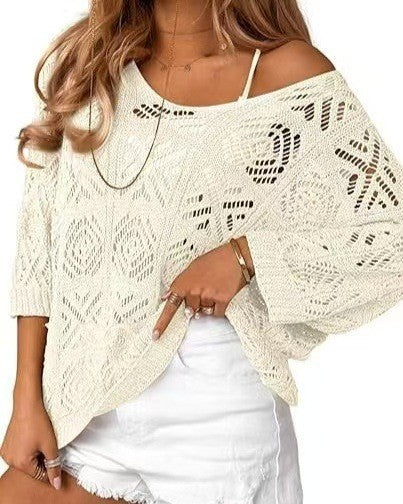 Slouchy Pointelle Knit Blouse With Batwing Sleeves - C5