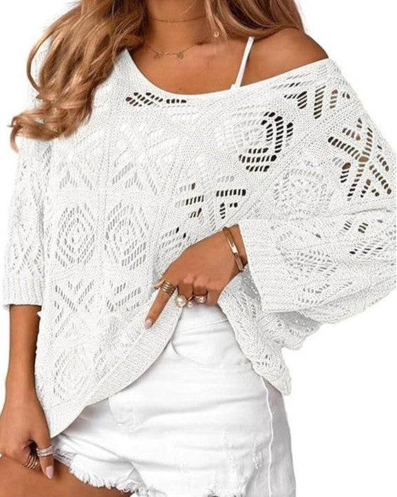 Slouchy Pointelle Knit Blouse With Batwing Sleeves - C6