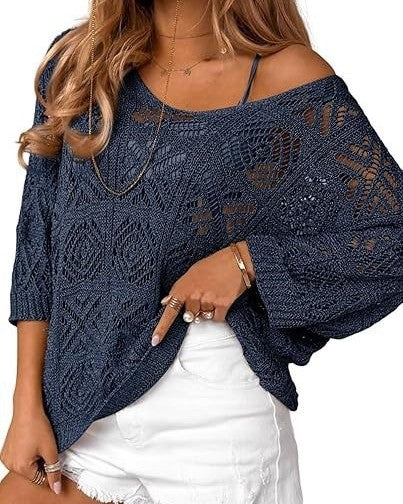 Slouchy Pointelle Knit Blouse With Batwing Sleeves - C7