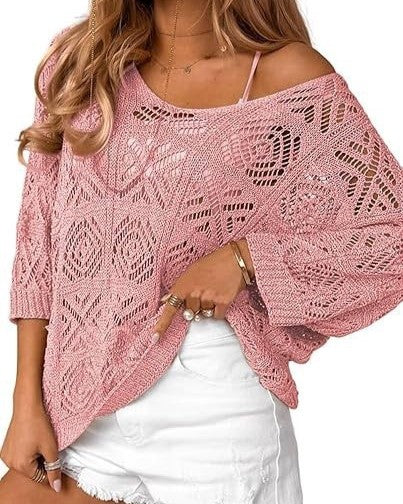 Slouchy Pointelle Knit Blouse With Batwing Sleeves - C8