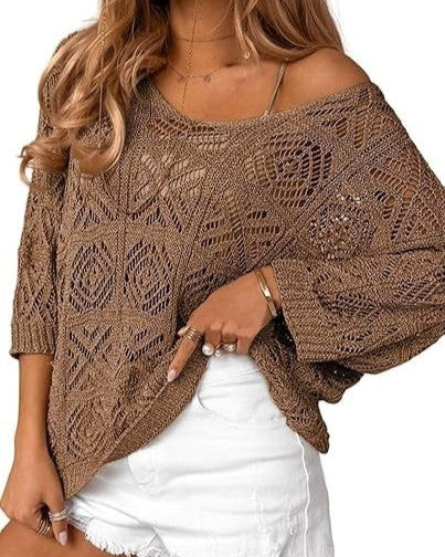 Slouchy Pointelle Knit Blouse With Batwing Sleeves - C9