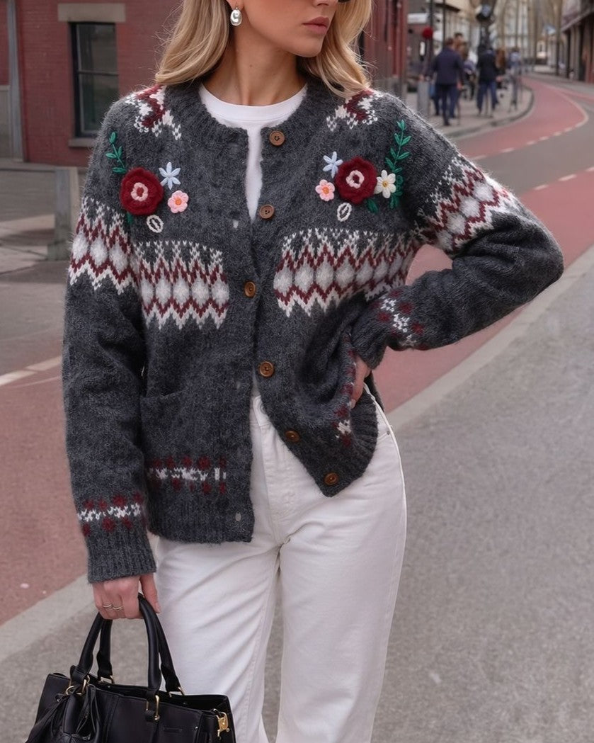 Floral Applique Fair Isle Button Cardigan - Dark-Gray