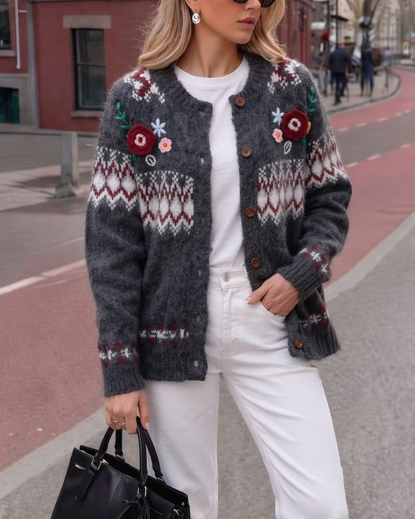 Floral Applique Fair Isle Button Cardigan - Dark-Gray - 1