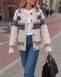 Floral Applique Fair Isle Button Cardigan - Off-White